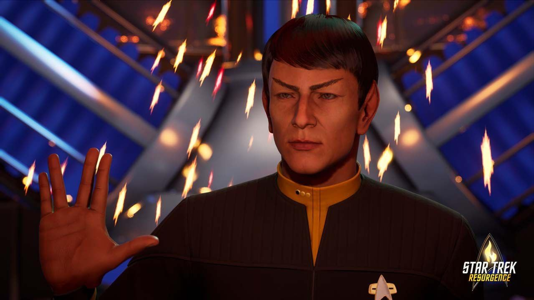 Spock z uniesioną ręką w scenie Star Trek z iskrami.