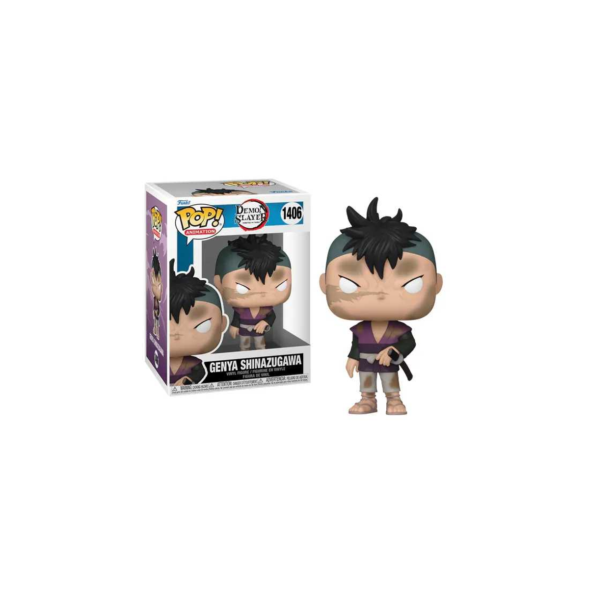 Figura Funko Pop de Genya Shinazugawa. En caja y de pie. El personaje tiene pelo negro.