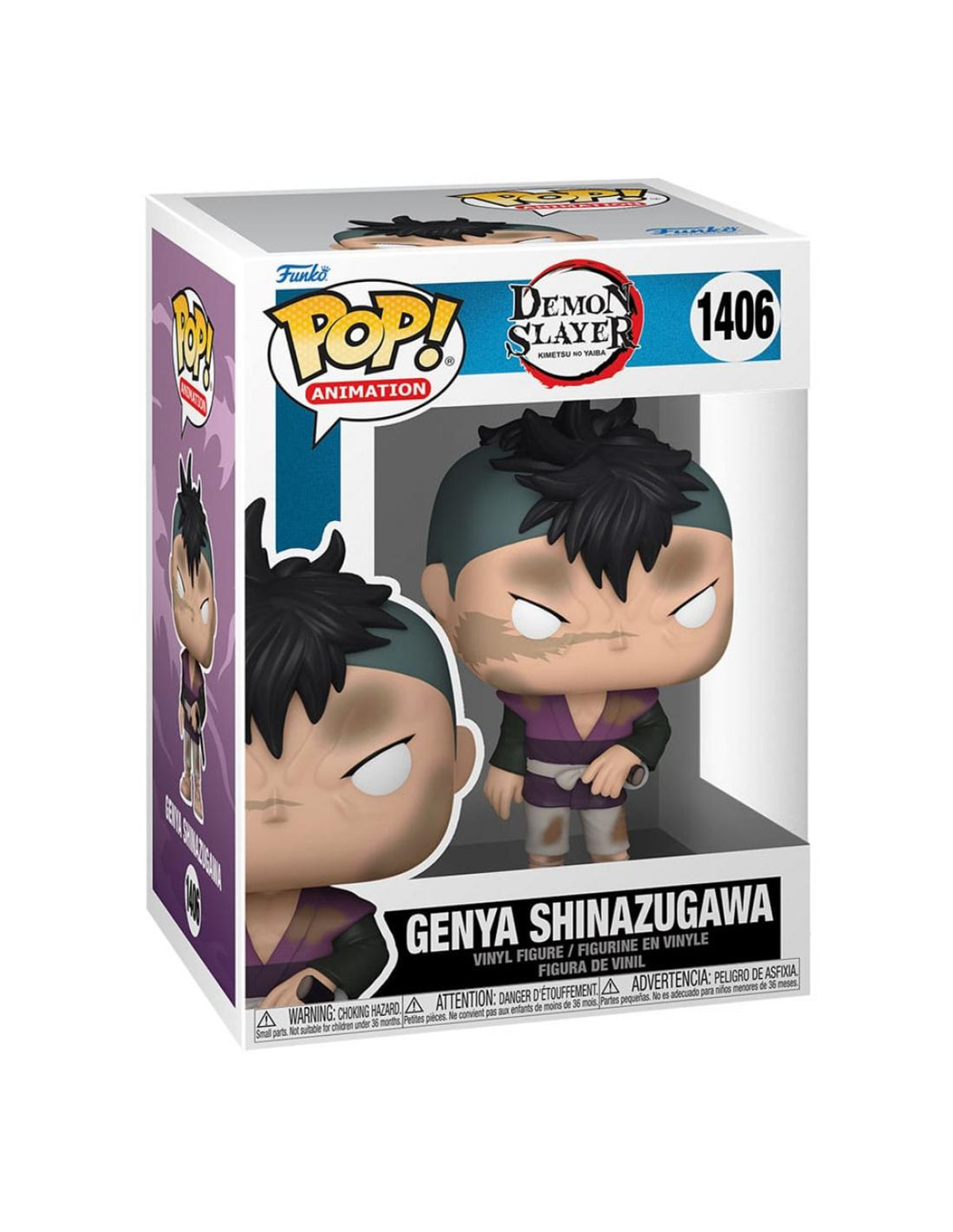 Una figura Funko Pop! de Genya Shinazugawa de Demon Slayer, en su caja.