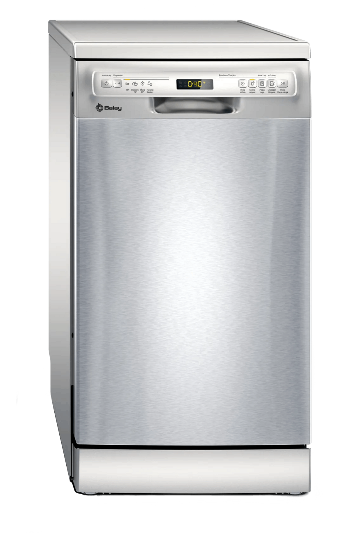 Srebrna zmywarka. Widok z przodu. Panel sterowania jest widoczny na górze.