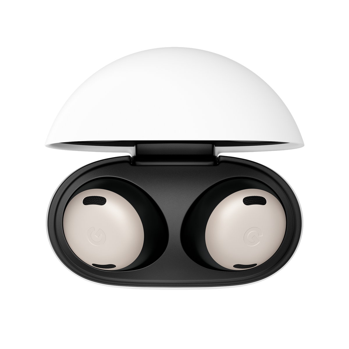 Biało-czarne etui na słuchawki z dwoma beżowymi słuchawkami w środku, na czarnym tle.