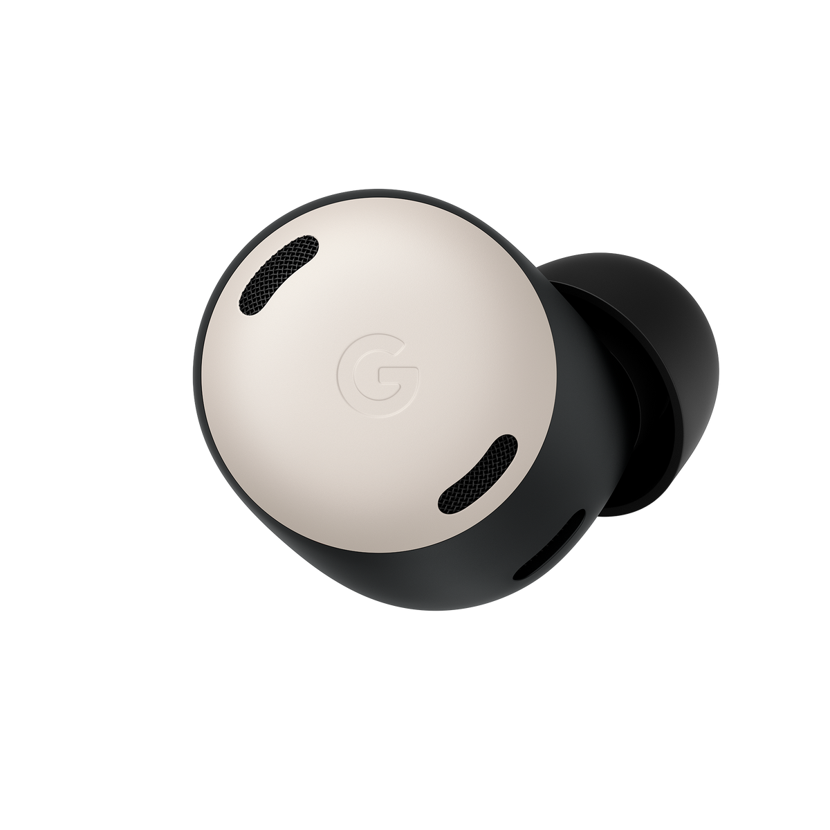 Para czarno-beżowych bezprzewodowych słuchawek. Lewa słuchawka jest ostra.