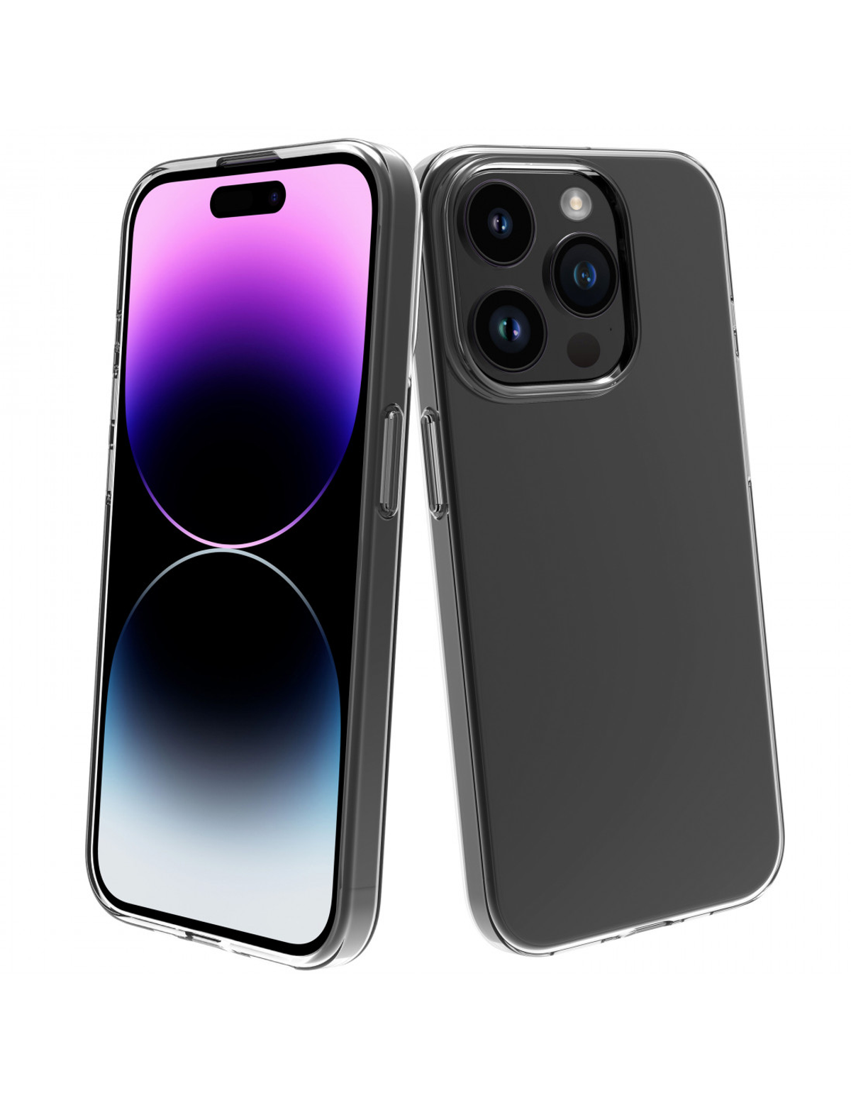 Dos teléfonos en fundas transparentes, uno mostrando la pantalla, contra fondo blanco.