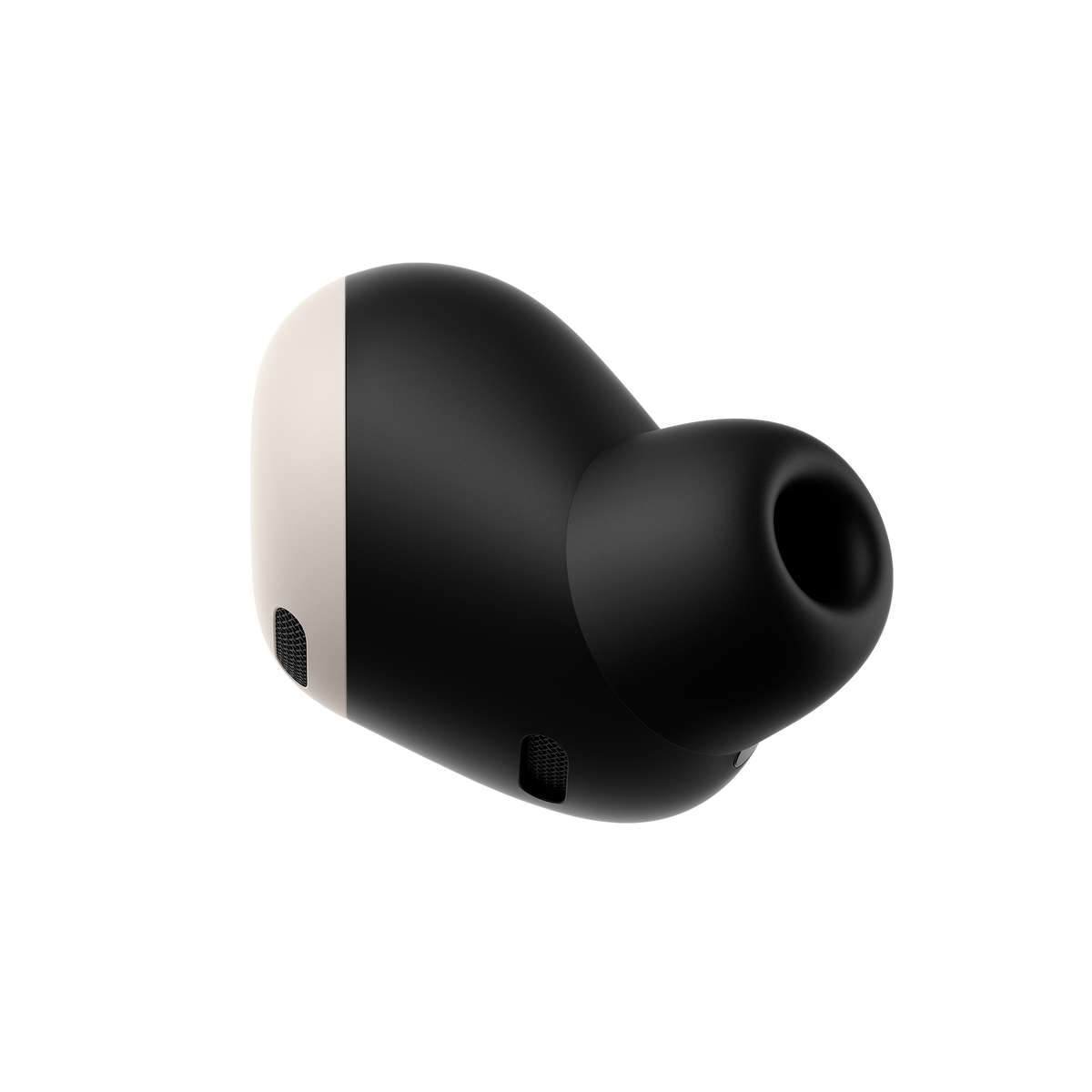 Pojedyncza czarna słuchawka z białymi akcentami, widok z bliska na czarnym tle.