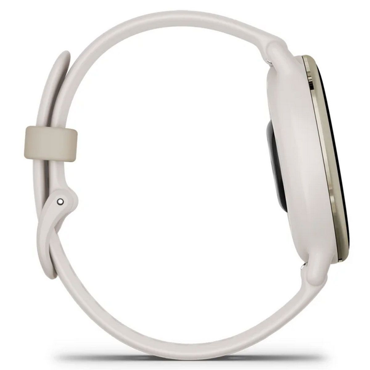 Weiße Smartwatch im Profil. Cremefarbenes Armband. Schwarzer Bildschirm. Goldener Umriss. Seitenansicht.