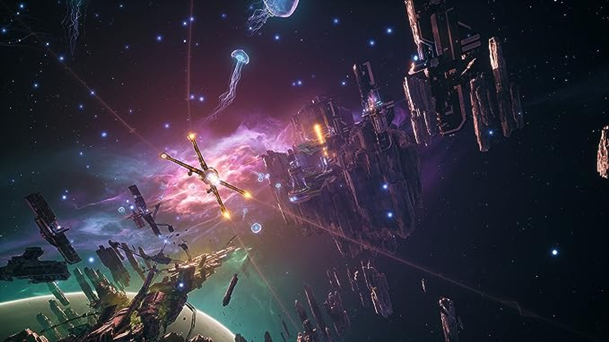 Escena espacial con planetas, estaciones espaciales y una nave estelar, entre nebulosas y estrellas.