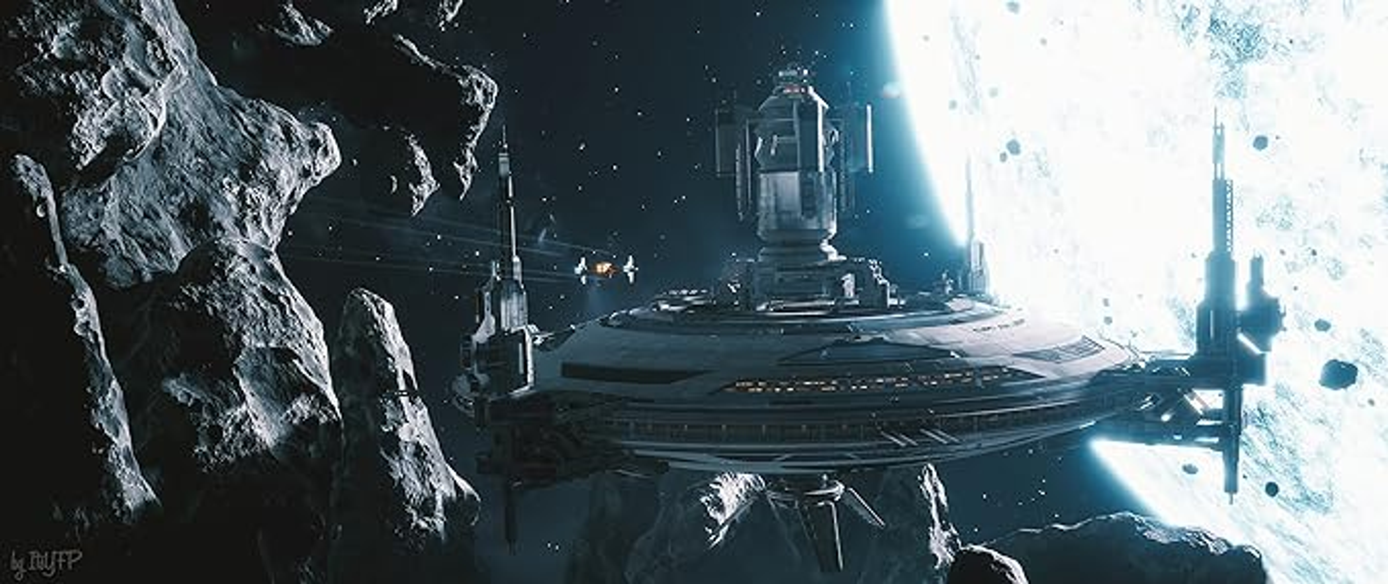 Una estación espacial futurista entre asteroides, con un planeta al fondo.