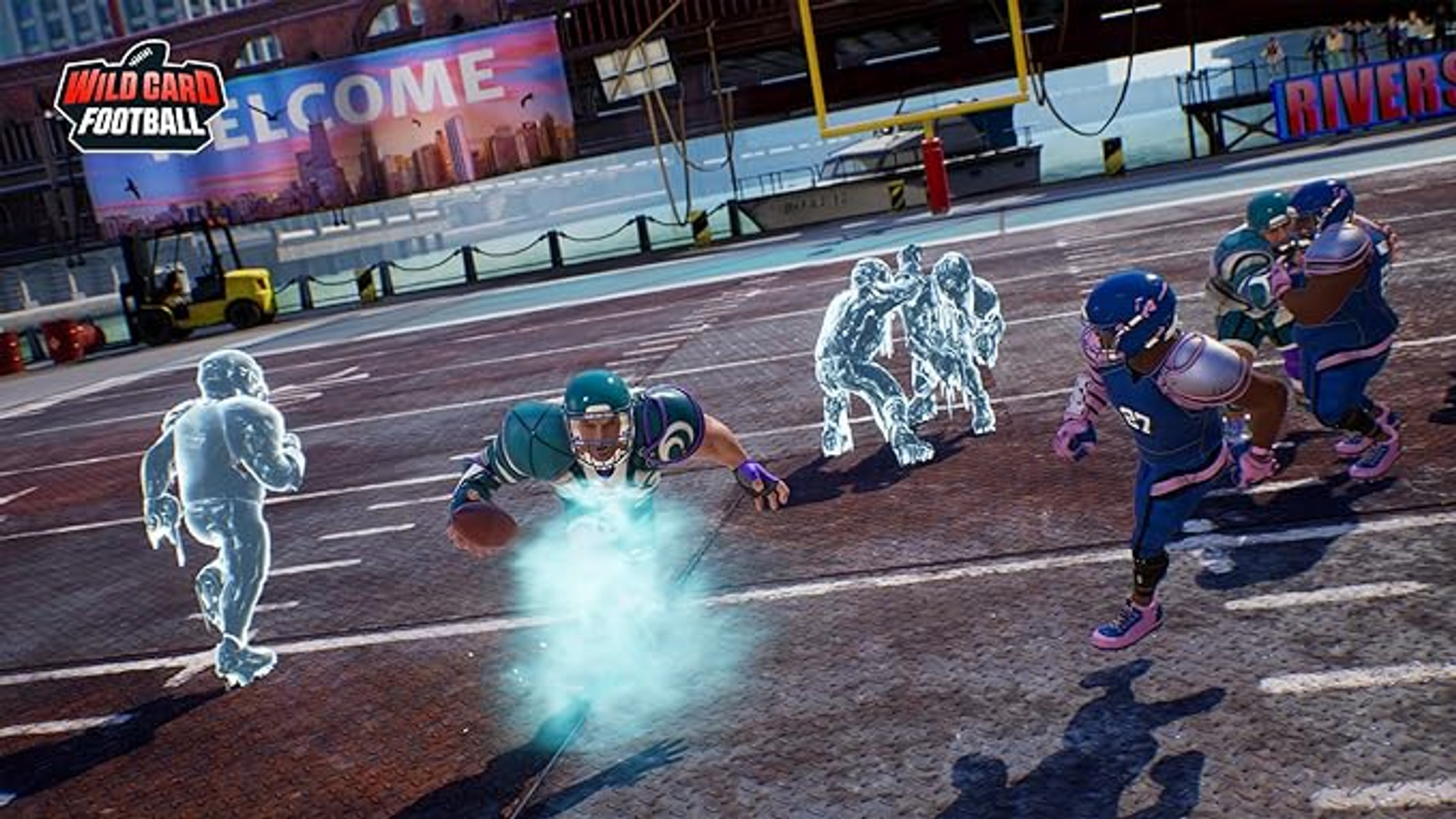 Escena de juego de fútbol americano. Jugadores con uniformes azules y verdes. Escenario de estadio con pancarta de bienvenida.