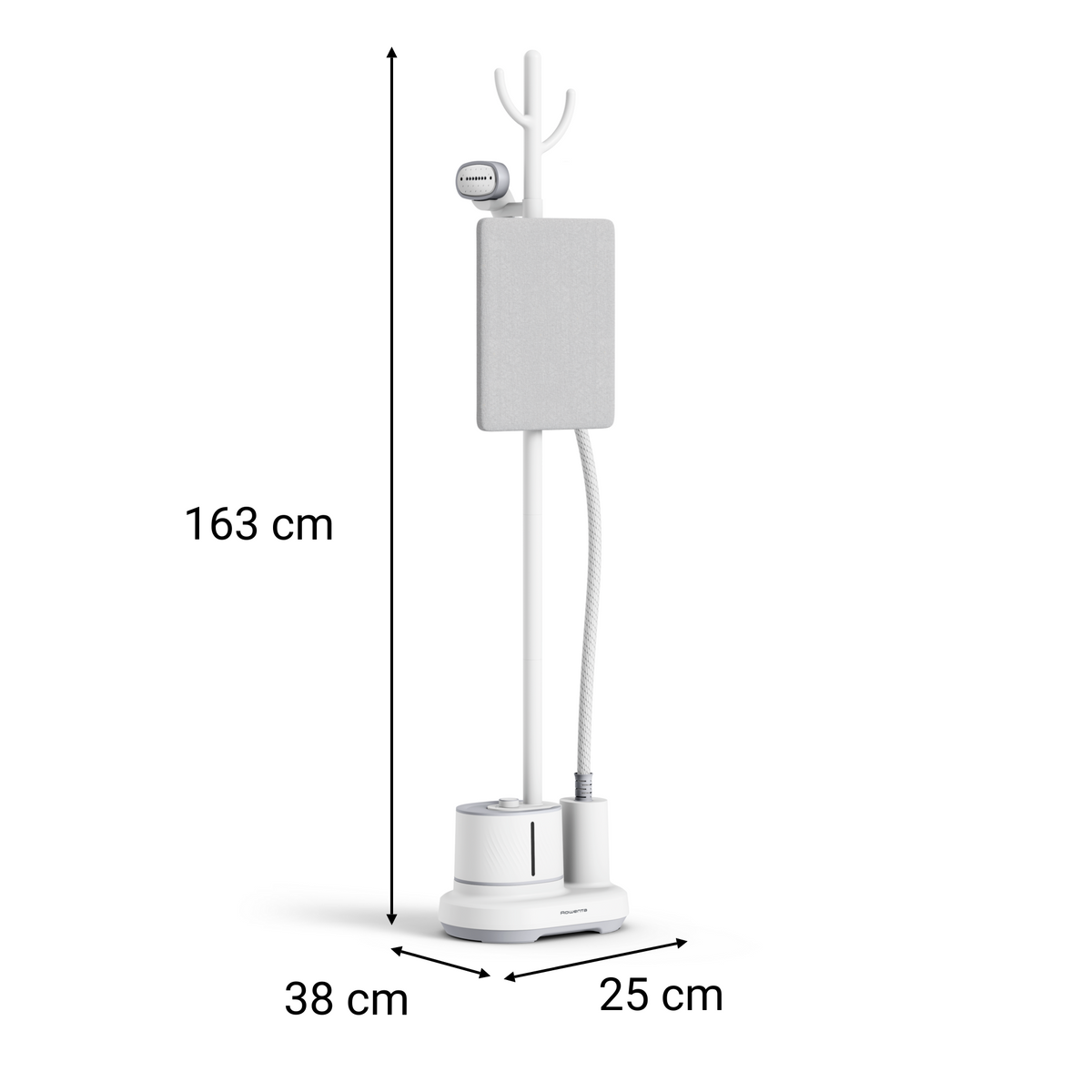Un vaporizzatore per abiti bianco in piedi con dimensioni etichettate, su uno sfondo bianco.
