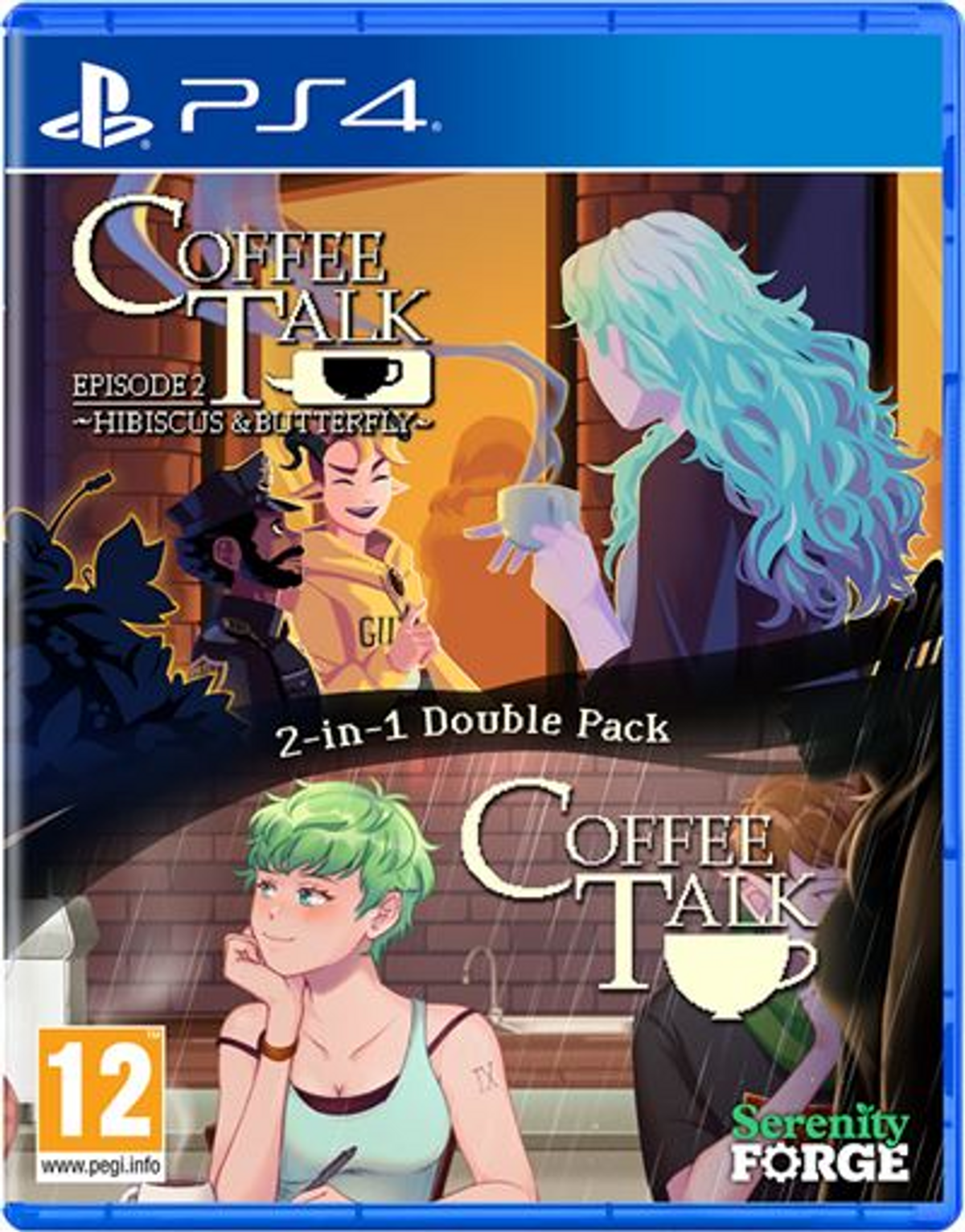 Opakowanie gry PS4 Coffee Talk, z postaciami z anime i kawą.