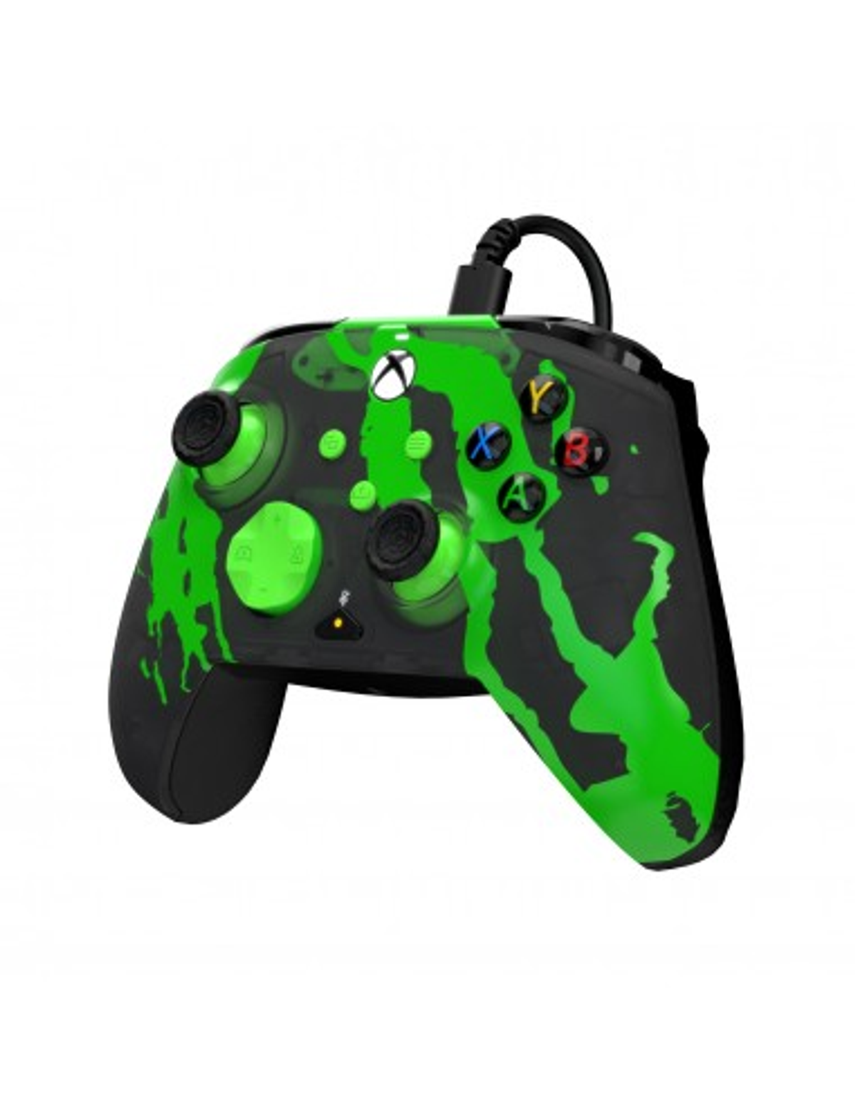 Zielony i czarny, poplamiony kontroler Xbox. Kontroler ma przyciski w różnych kolorach.