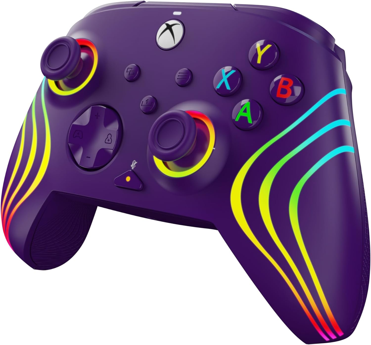 Fioletowy kontroler Xbox z tęczowymi akcentami. Kolorowe przyciski i dwa drążki.