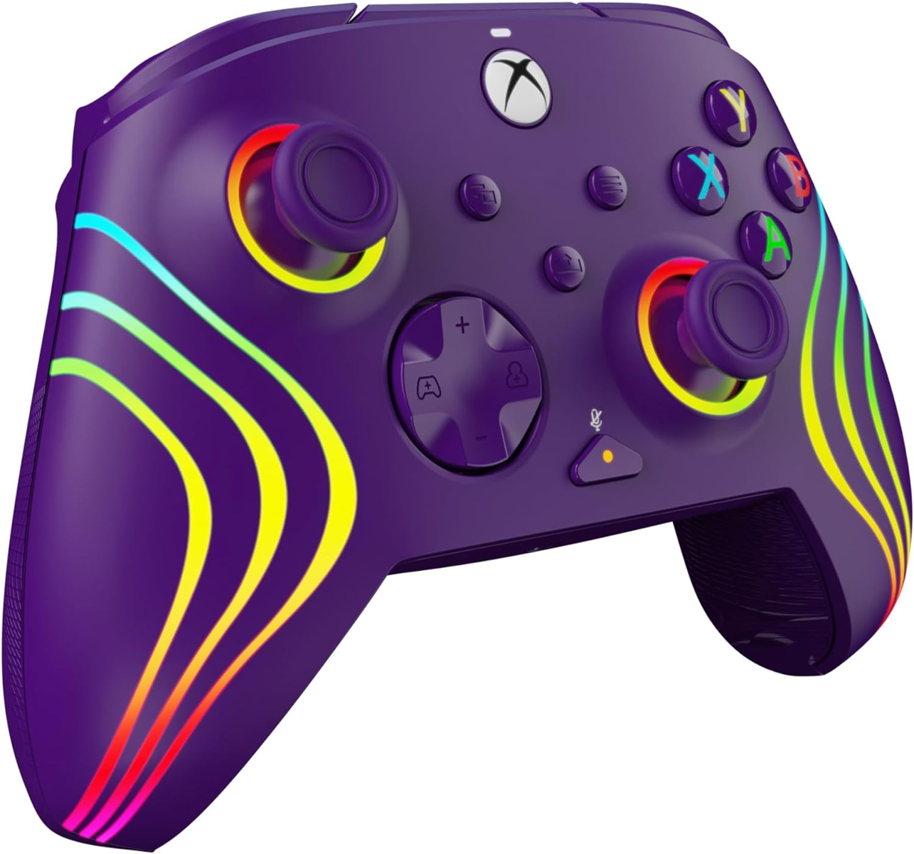 Fioletowy kontroler Xbox z tęczowymi akcentami. Zawiera kolorowe przyciski i pierścienie joysticka.
