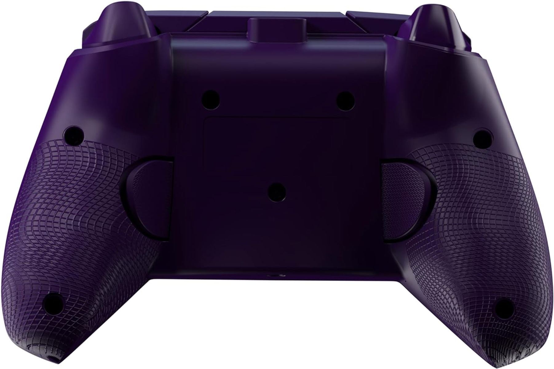 Fioletowy kontroler do gier, widok z tyłu, z teksturowanymi uchwytami i detalami przycisków.