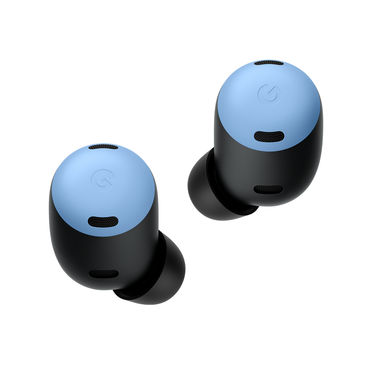 Dwa jasnoniebieskie i czarne słuchawki Google Pixel Buds Pro. Na czarnym tle.