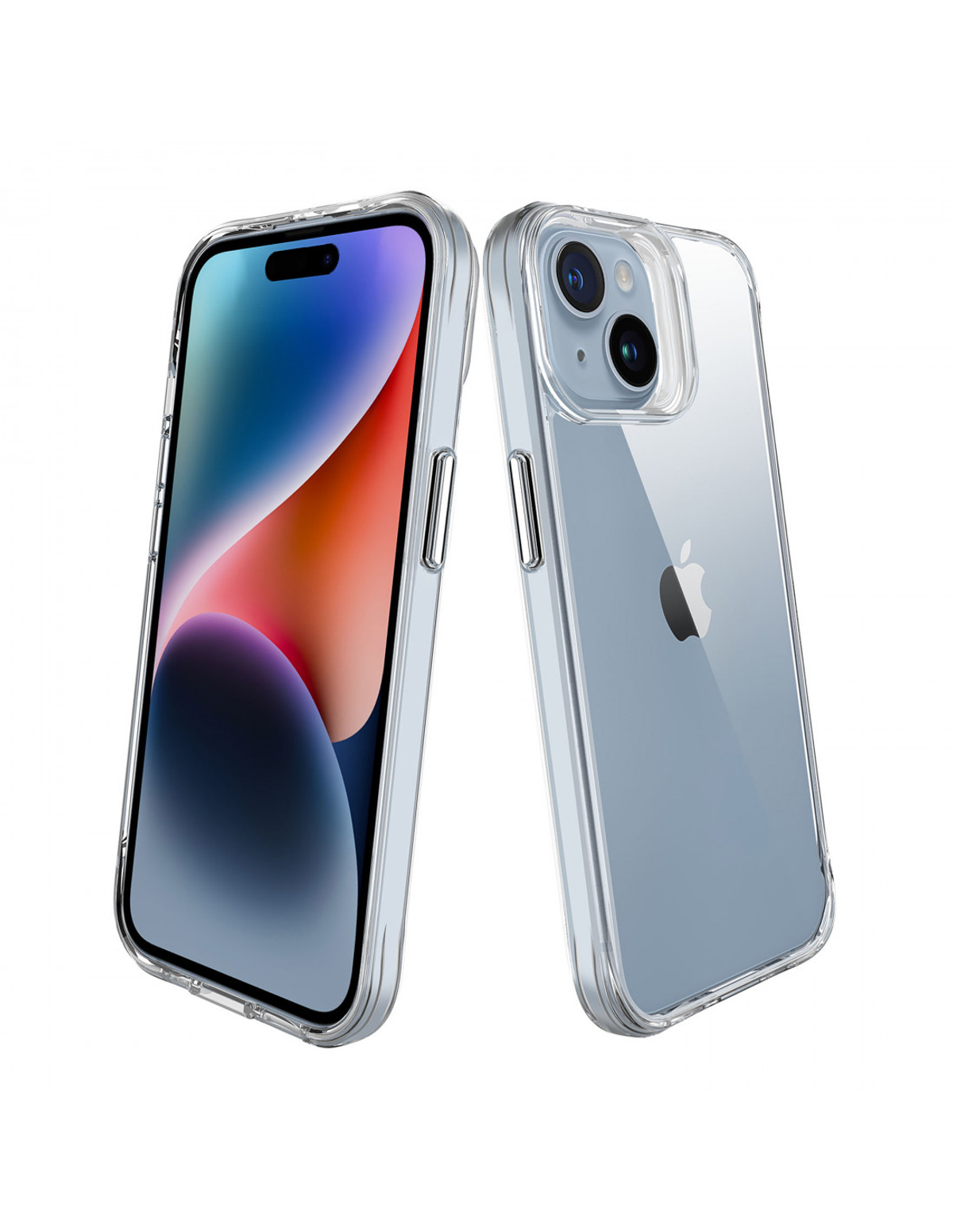Dos iPhone 14 en fundas transparentes, uno mostrando la pantalla, el otro la parte trasera.
