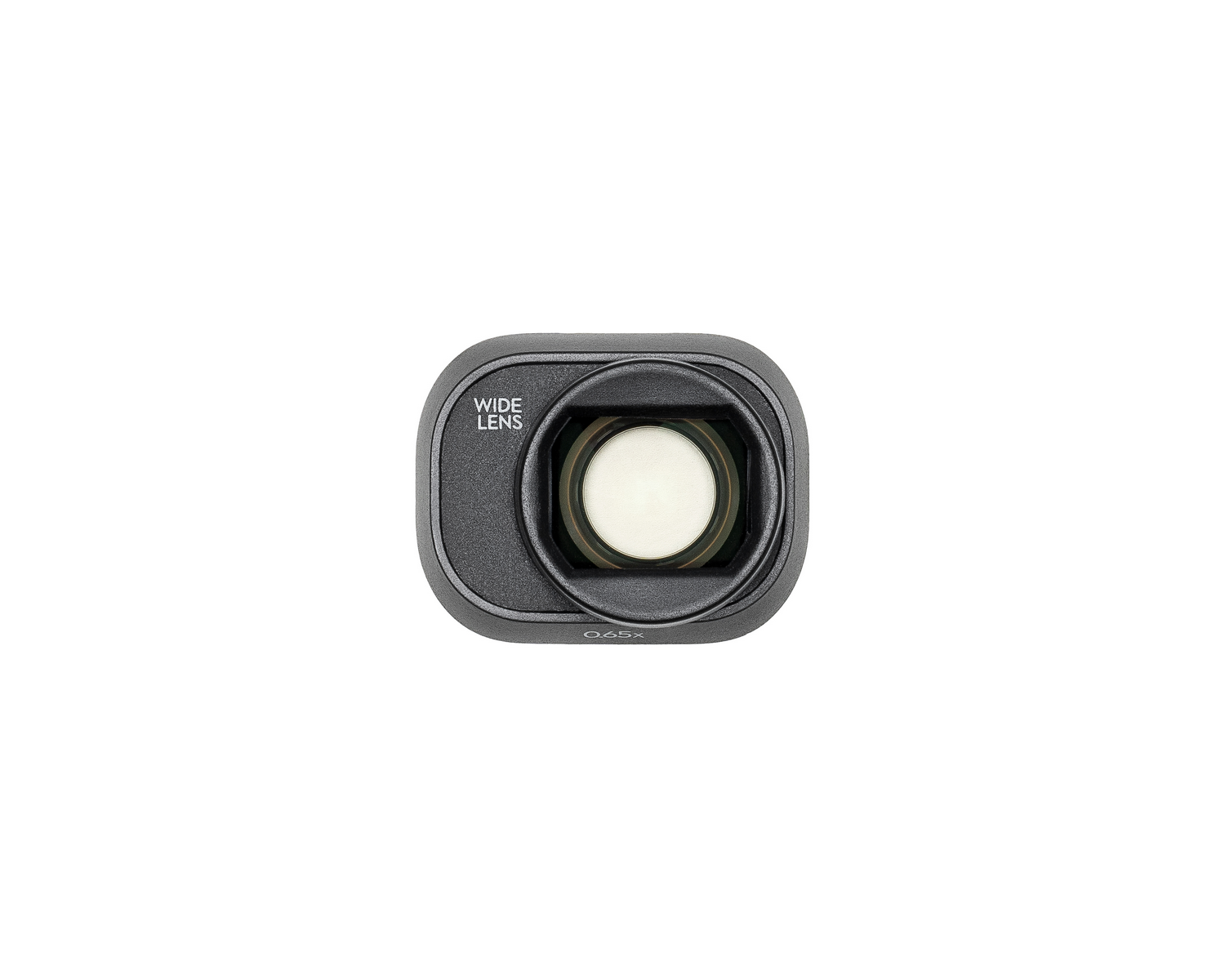 Adaptador de lente gran angular para teléfono. La lente es negra y tiene las palabras "WIDE LENS" en la parte superior.