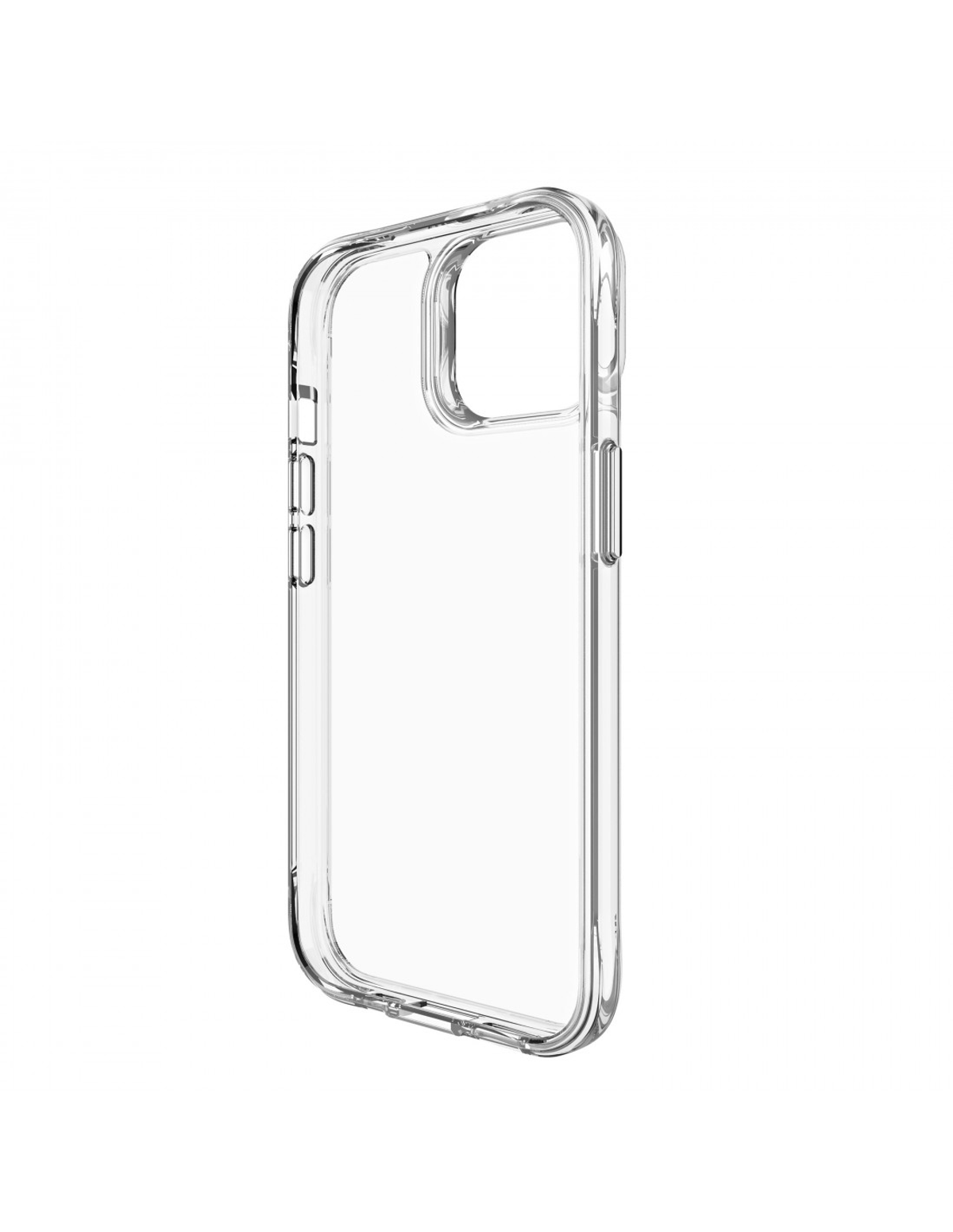 Funda transparente para teléfono. La funda es transparente y tiene un diseño minimalista. Fondo blanco.