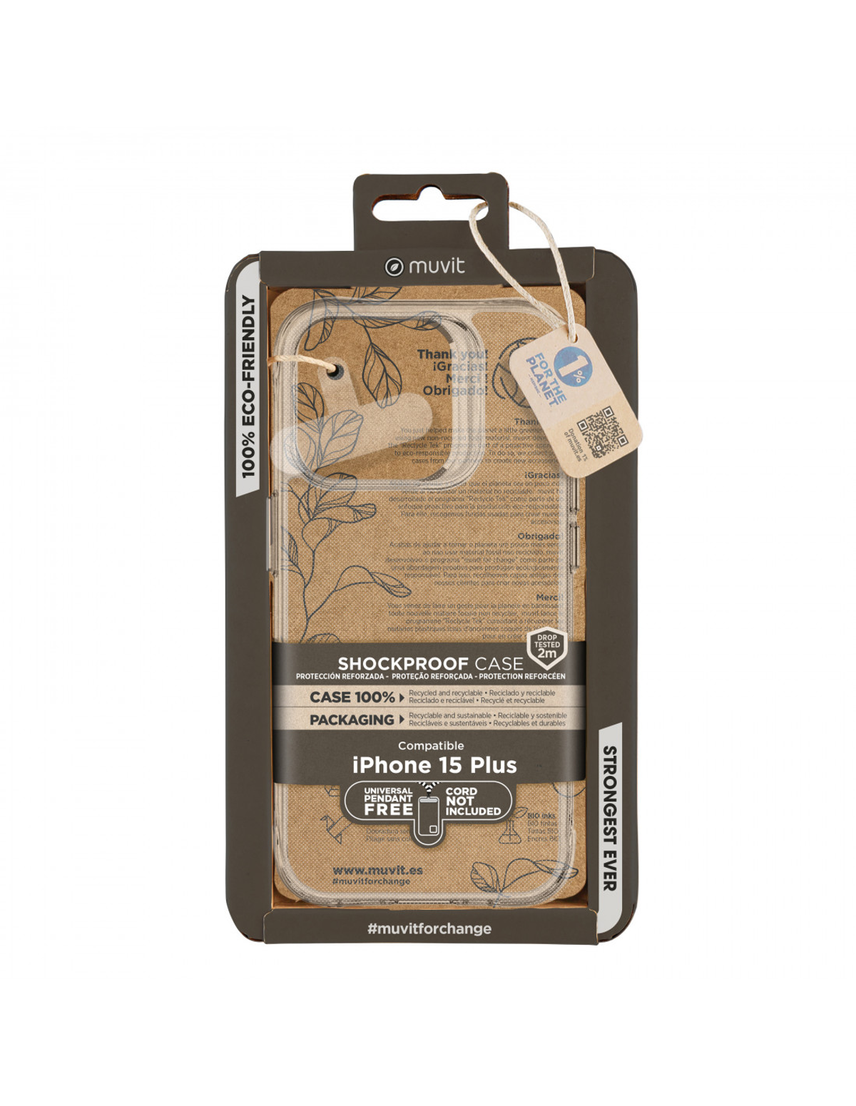 Una funda de teléfono en su embalaje. Funda marrón y transparente con texto. La funda es para un iPhone 15 Plus.