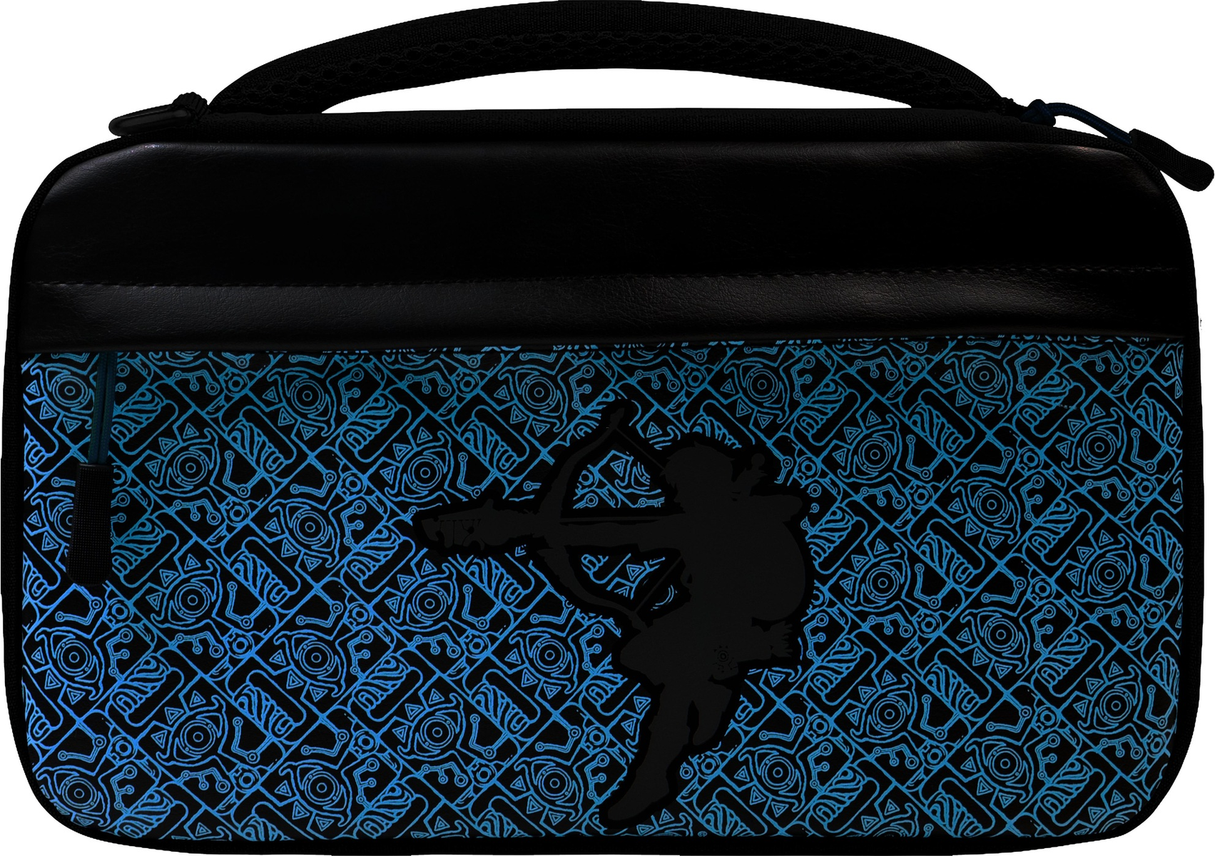 Funda negra de Switch con un diseño de Zelda en azul, con la silueta de un personaje.