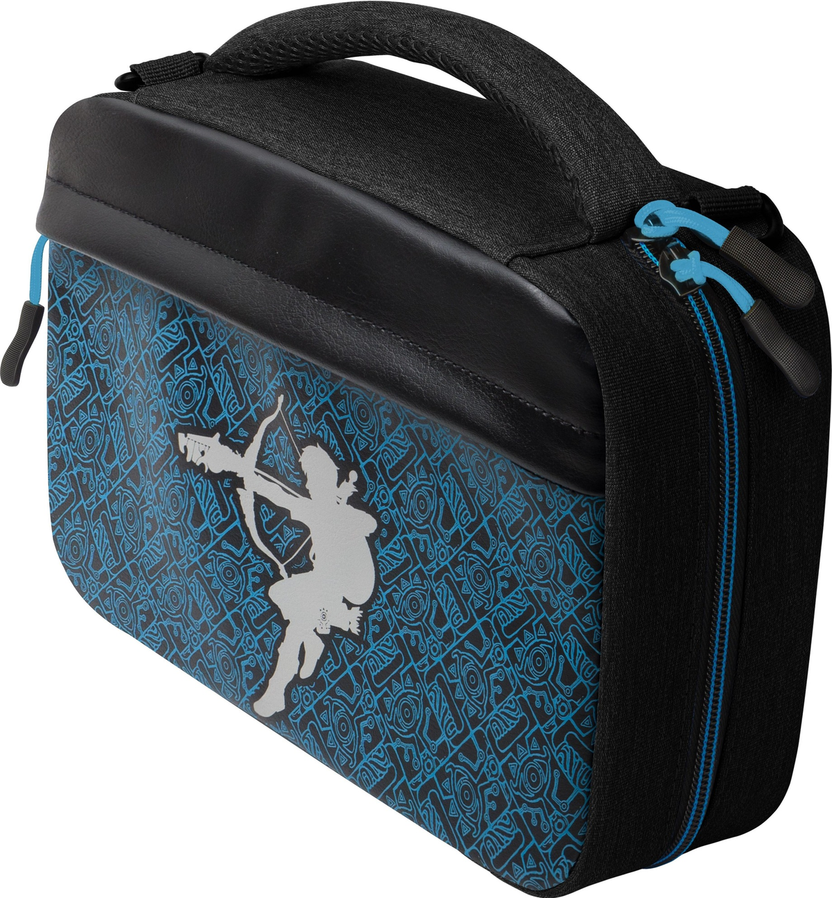 Funda azul y negra de Nintendo Switch con un personaje.