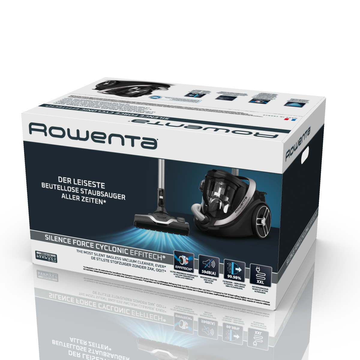 Pudełko od odkurzacza, czarno-białe, ze szczegółami produktu i marki.