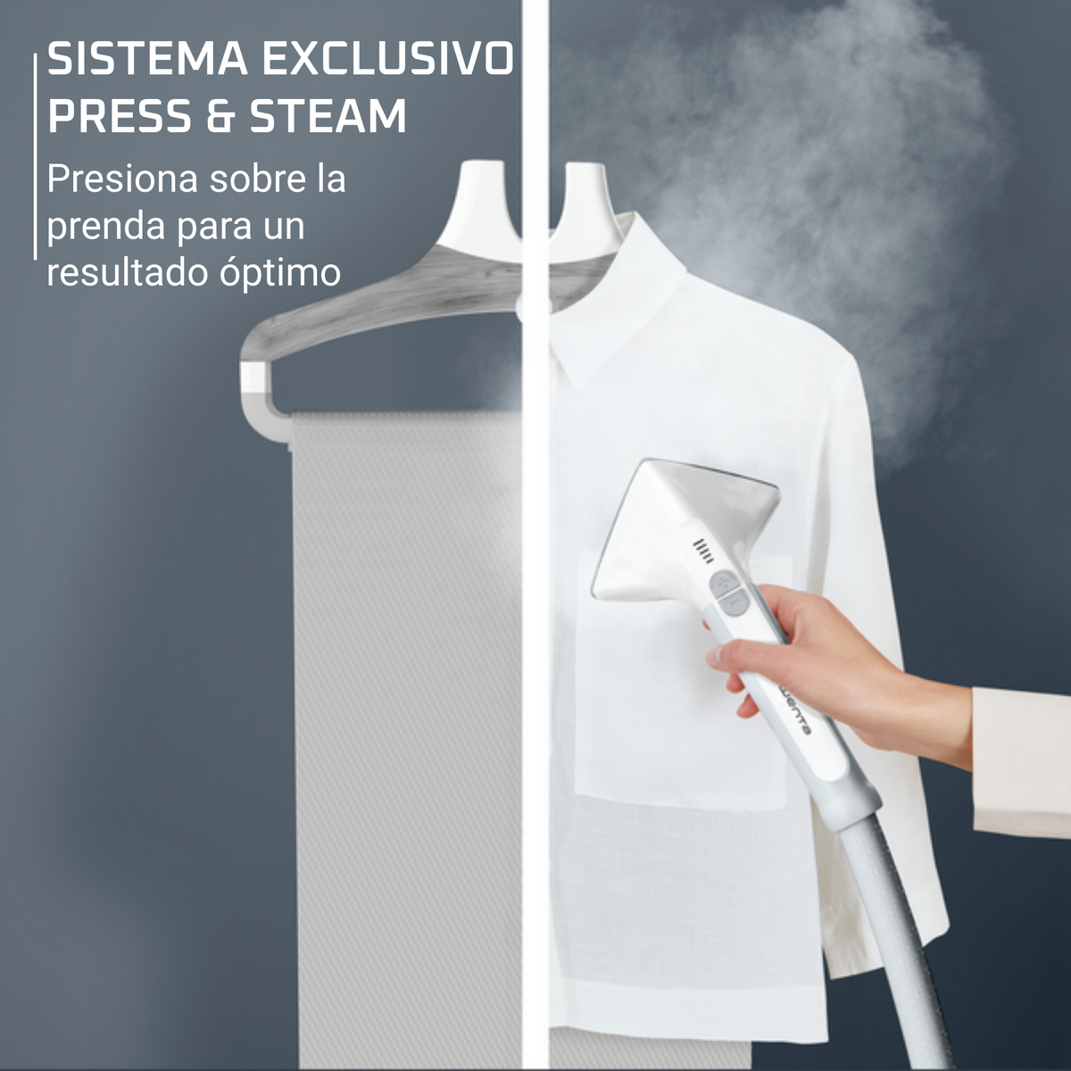 Una camicia viene stirata a vapore su un appendiabiti. Una mano tiene un vaporizzatore, con testo in spagnolo che promuove il sistema 'Press & Steam'.