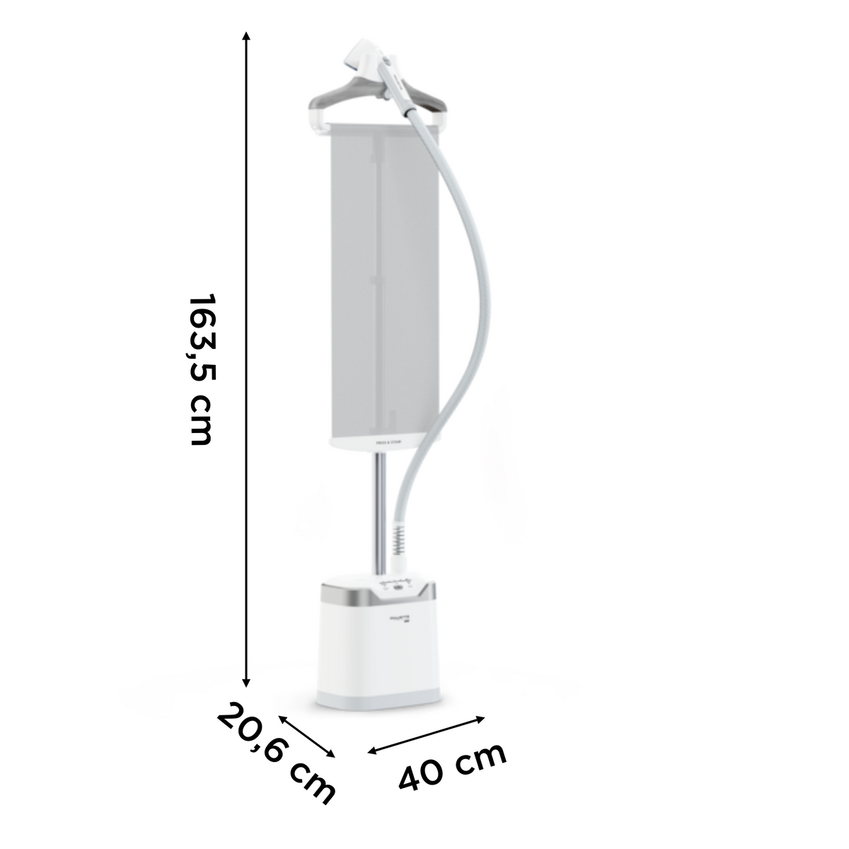 Un vaporizzatore per indumenti bianco e argento con dimensioni espresse in centimetri.