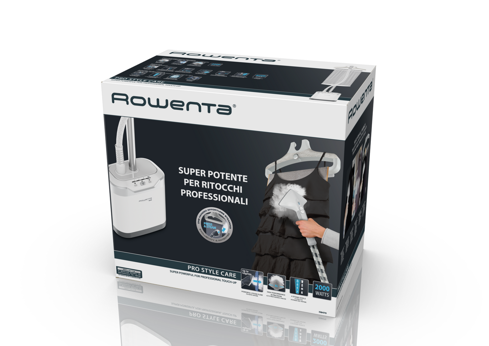 Scatola Rowenta Pro Style Care con vaporizzatore bianco e accessori. Design in bianco e nero.