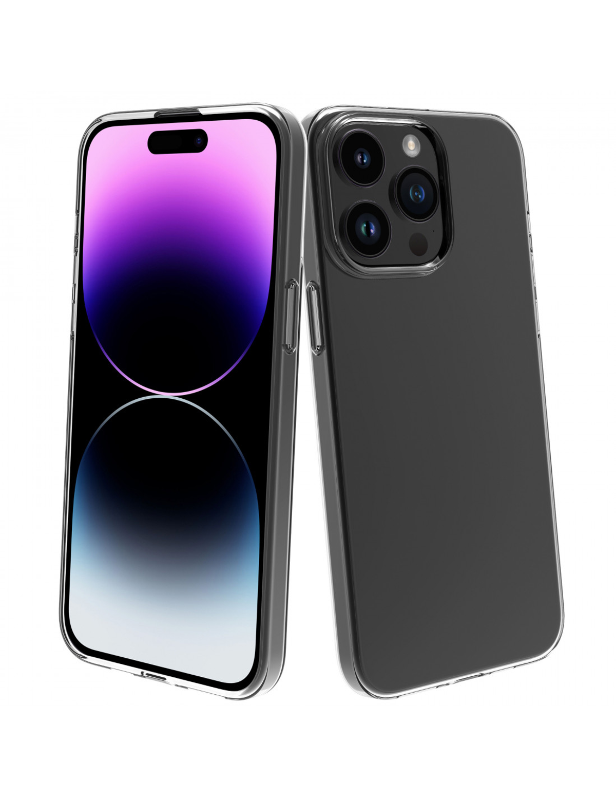 Dos teléfonos, uno a la izquierda y otro a la derecha, con fundas. El teléfono izquierdo muestra un degradado púrpura.