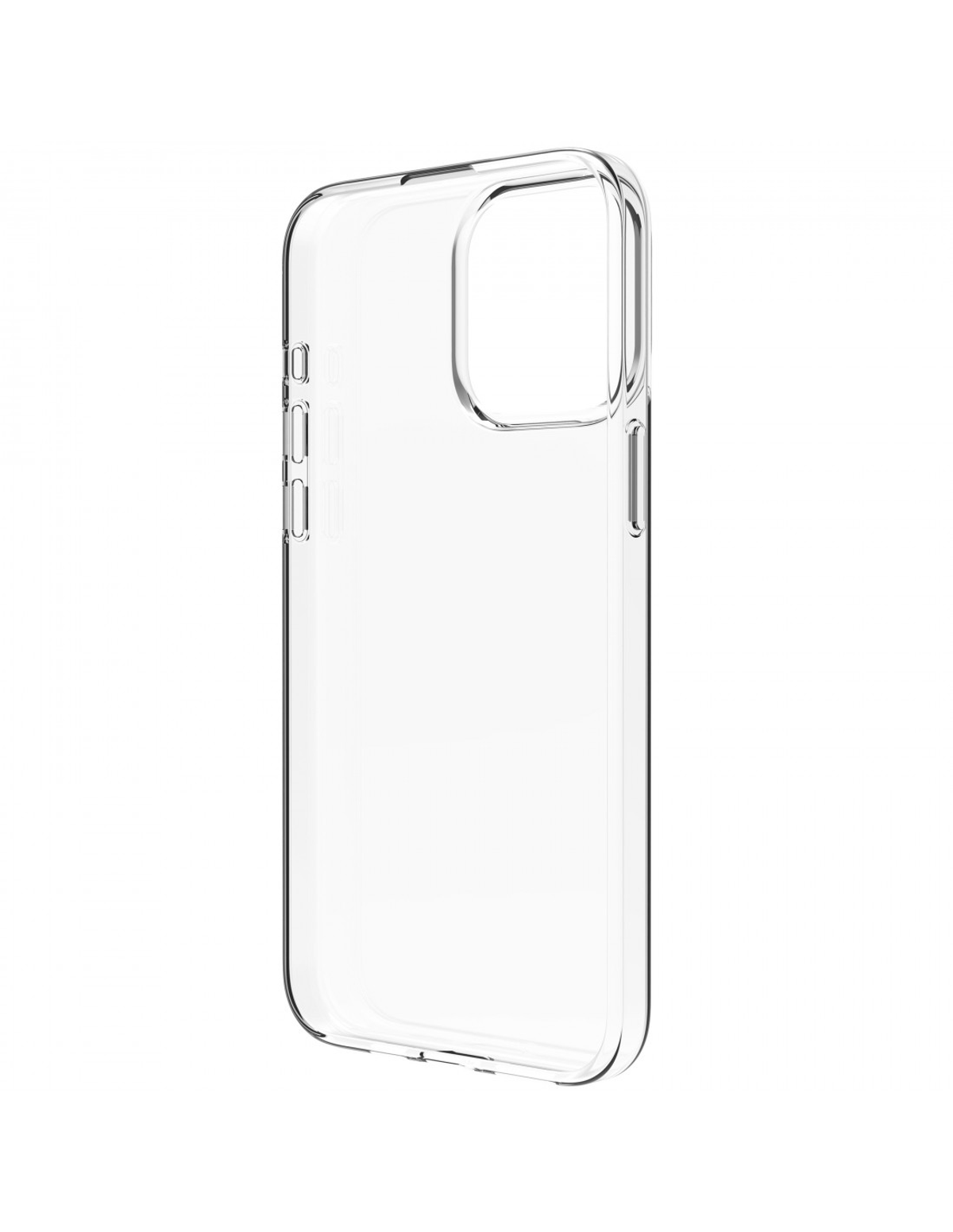 Una funda transparente para teléfono. Plástico transparente con forma rectangular, recorte para cámara y aberturas.