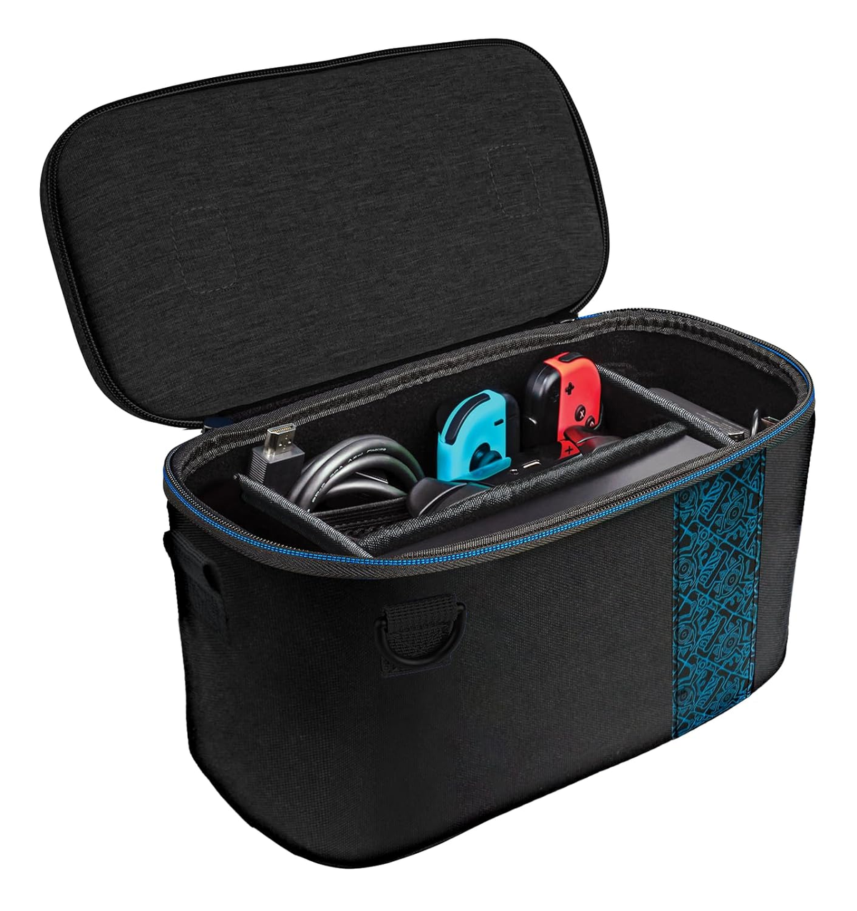 Estuche de viaje negro, abierto, con mandos joy-con azules y rojos y cables dentro.