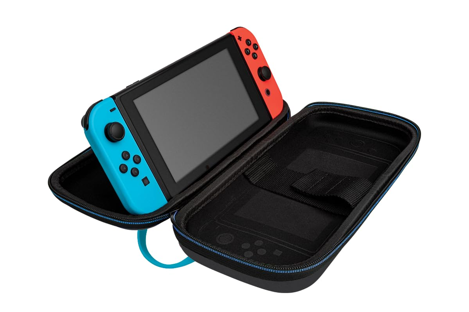 Una Nintendo Switch y su estuche de transporte abierto.
