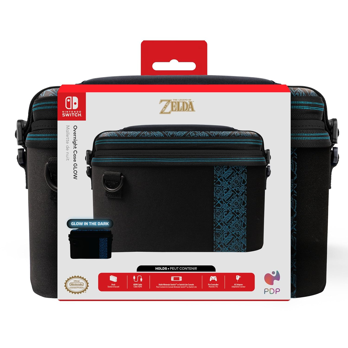 Funda negra de Nintendo Switch con detalles azules. Marca Zelda visible.