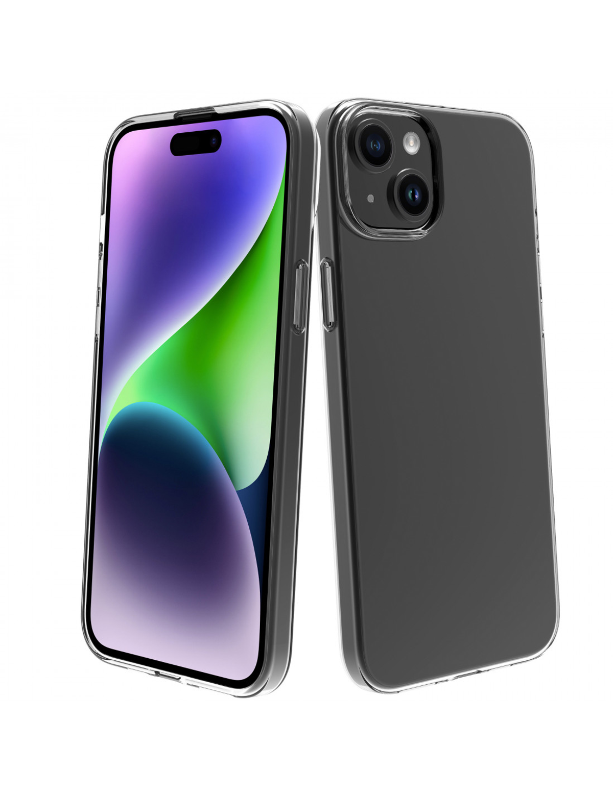 Dos fundas transparentes para teléfono de pie. Una muestra una pantalla con gradientes de color.