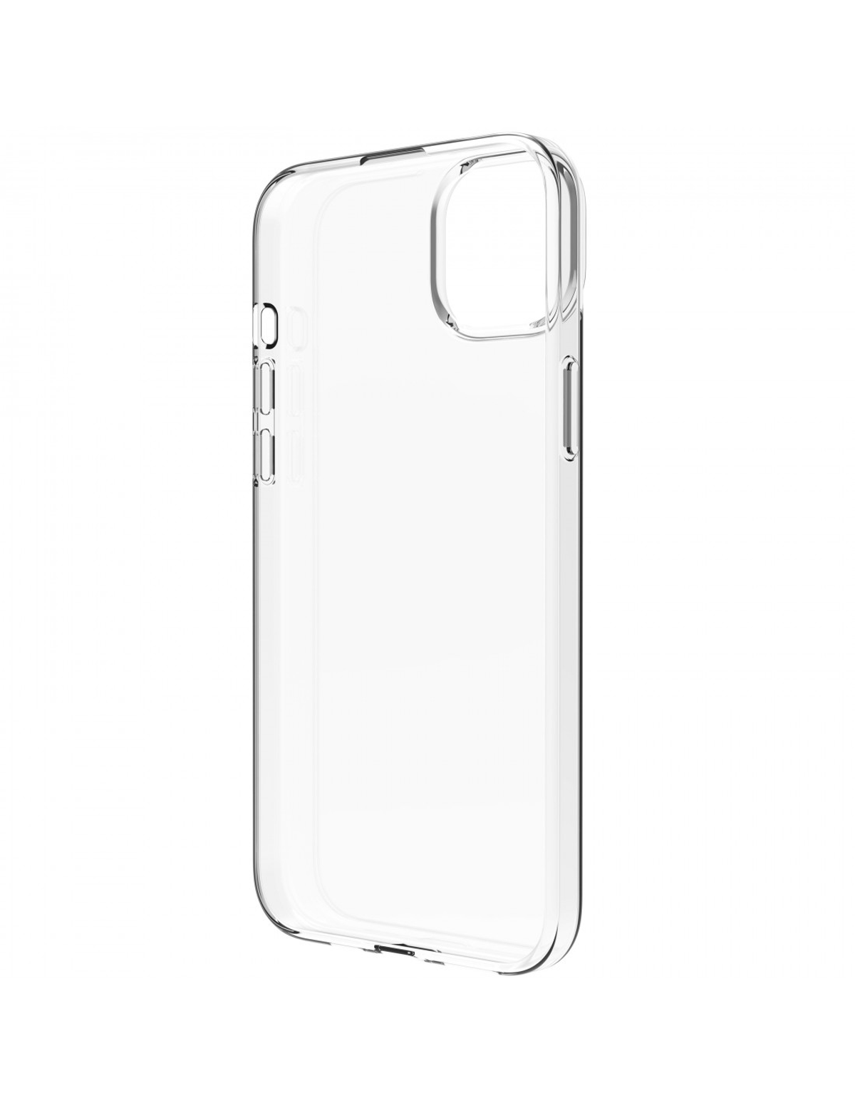 Una funda transparente para teléfono, vista de lado. Es transparente y tiene un diseño elegante.