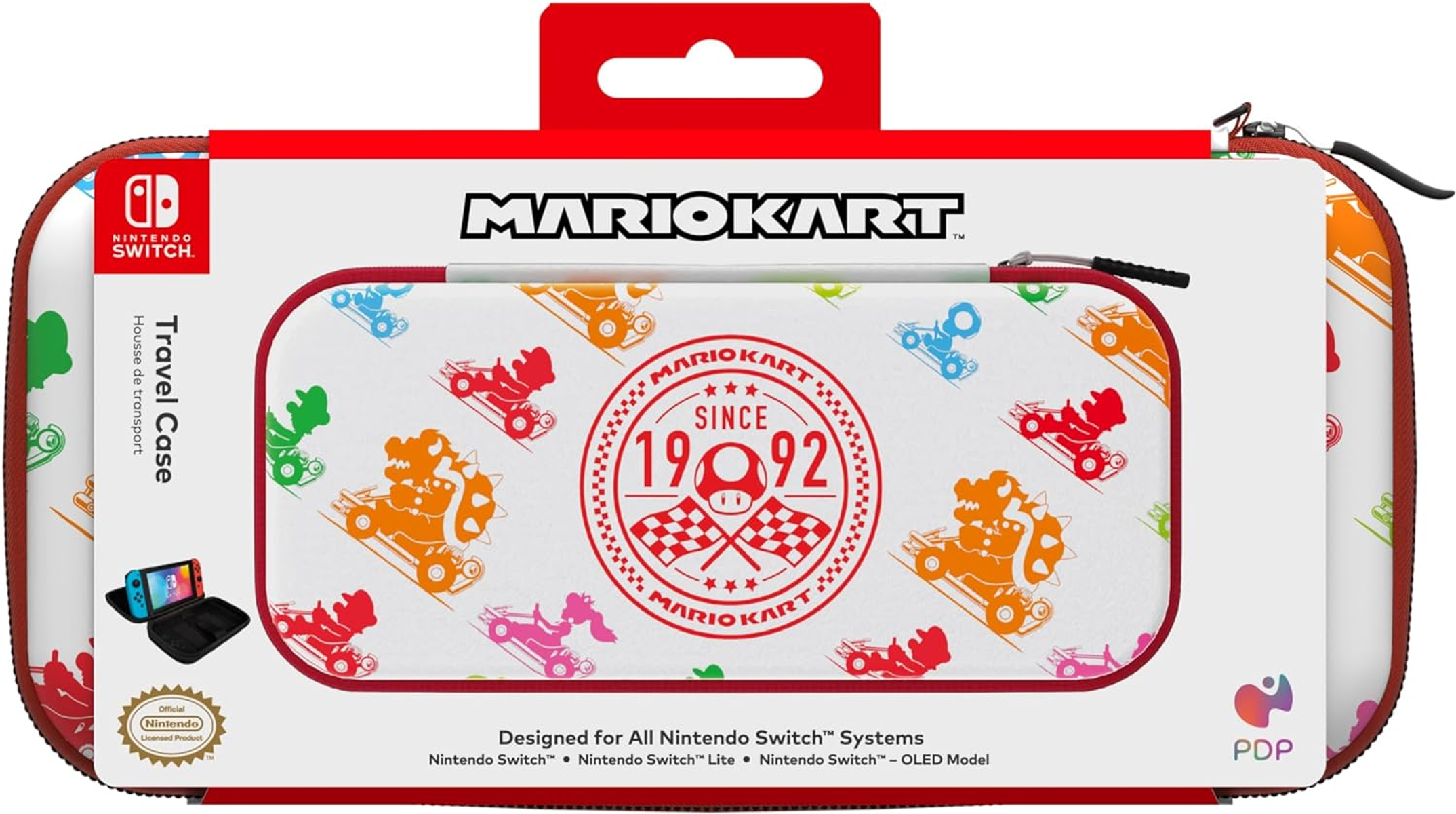 Funda de viaje Mario Kart Switch. Blanca con personajes coloridos de Mario Kart. Borde rojo, marca Nintendo Switch.