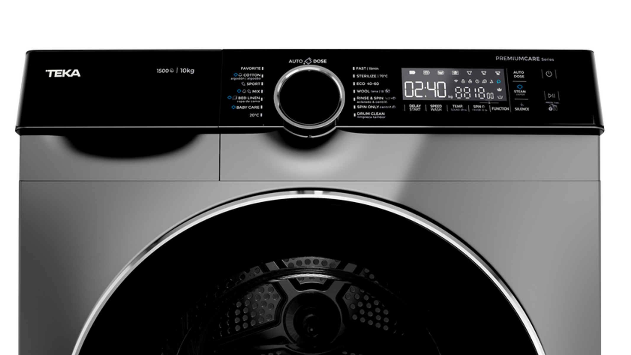 Panel de control de lavadora con pantalla digital que muestra tiempo y ajustes.