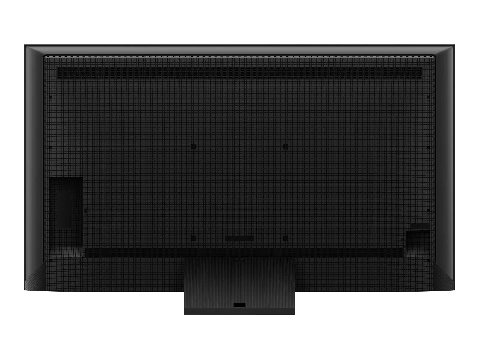 Parte trasera de un televisor negro. Patrón de rejilla con soporte. Varios puertos y ranuras visibles.