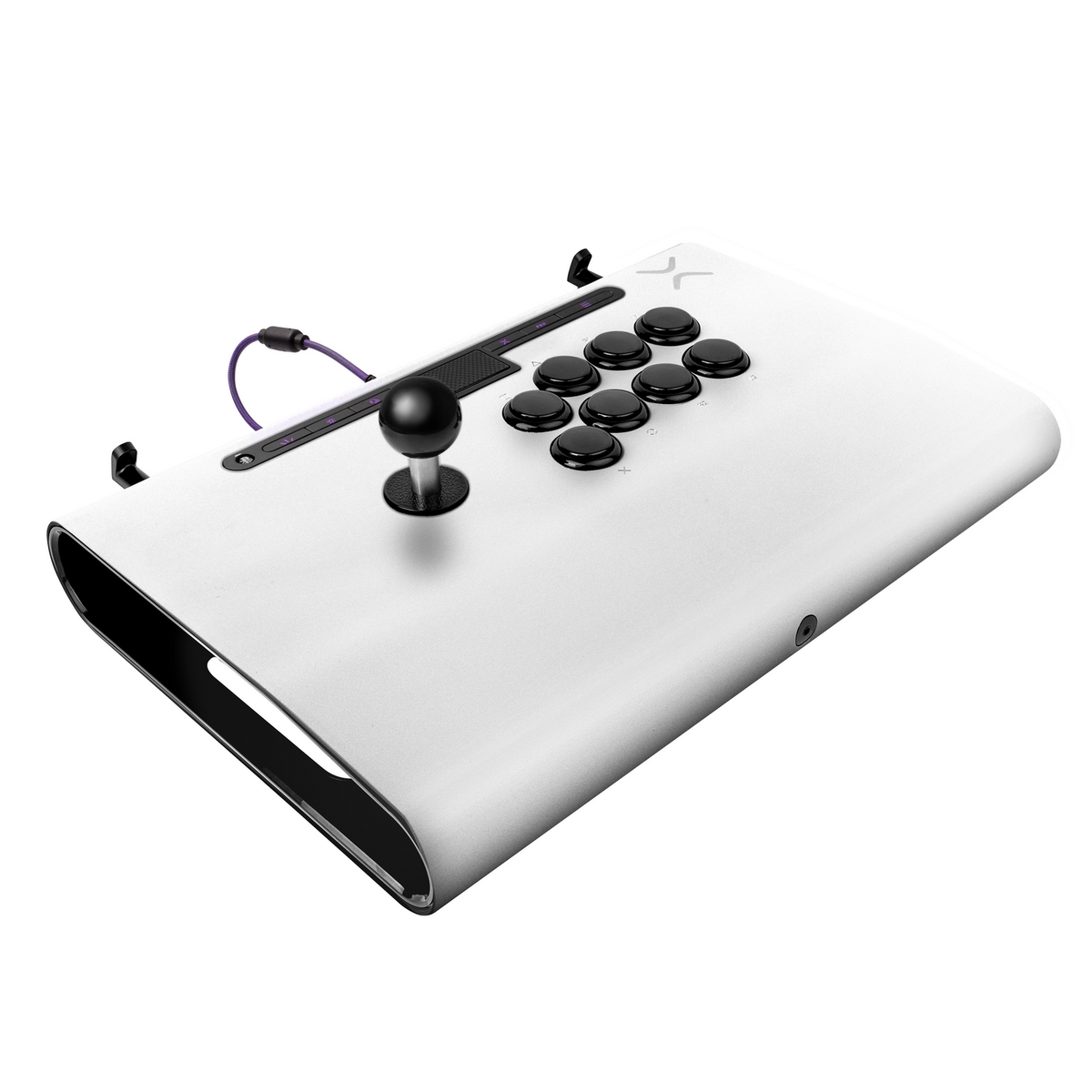 Mando de juego blanco con botones negros y un joystick. Cable morado y diseño elegante.