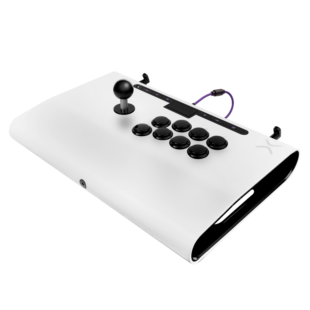 Palanca de arcade blanca con botones y joystick negros. Cable morado. Fondo blanco.
