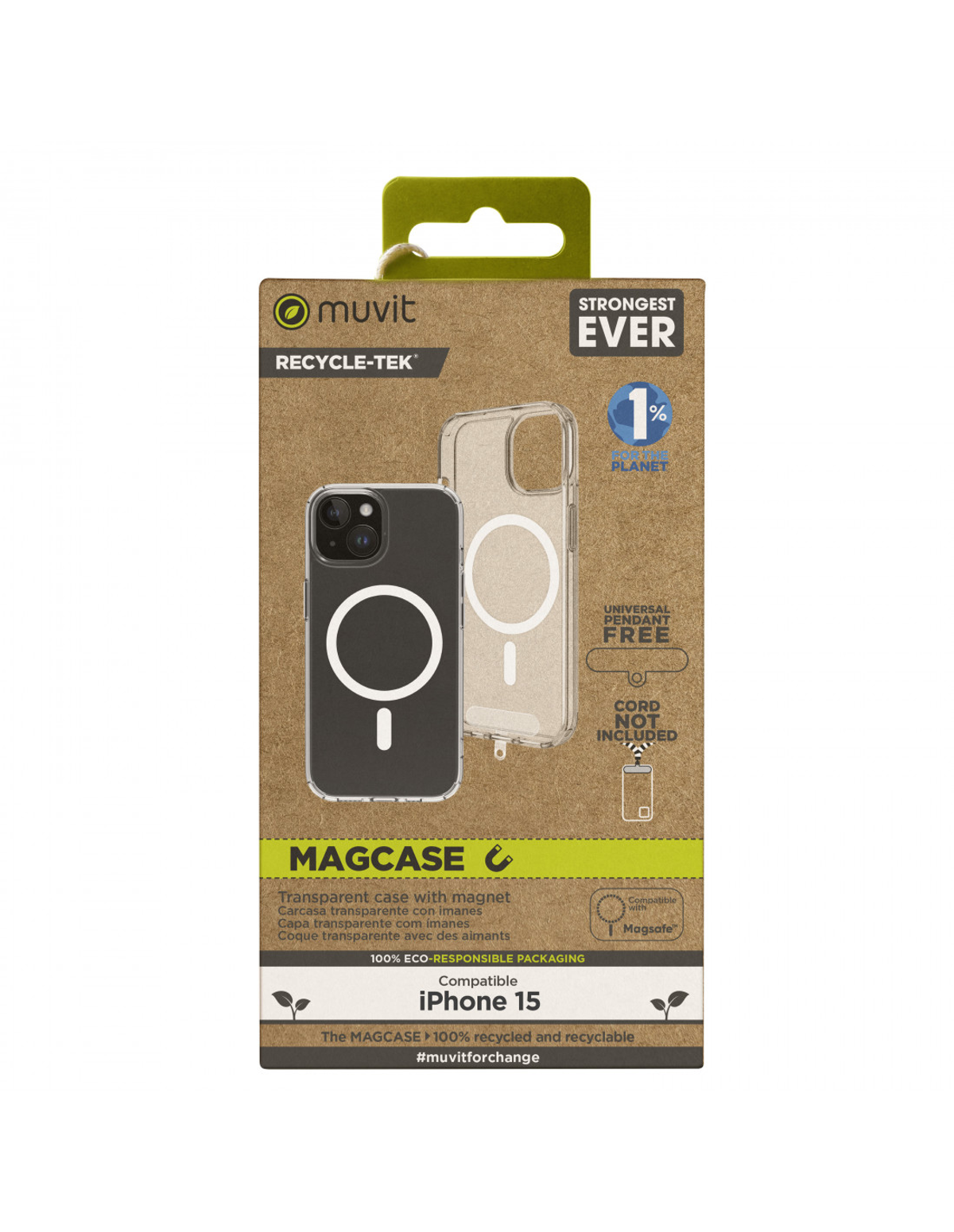Una caja Muvit Magcase para iPhone 15. Tiene una funda transparente, la caja es blanca y verde.
