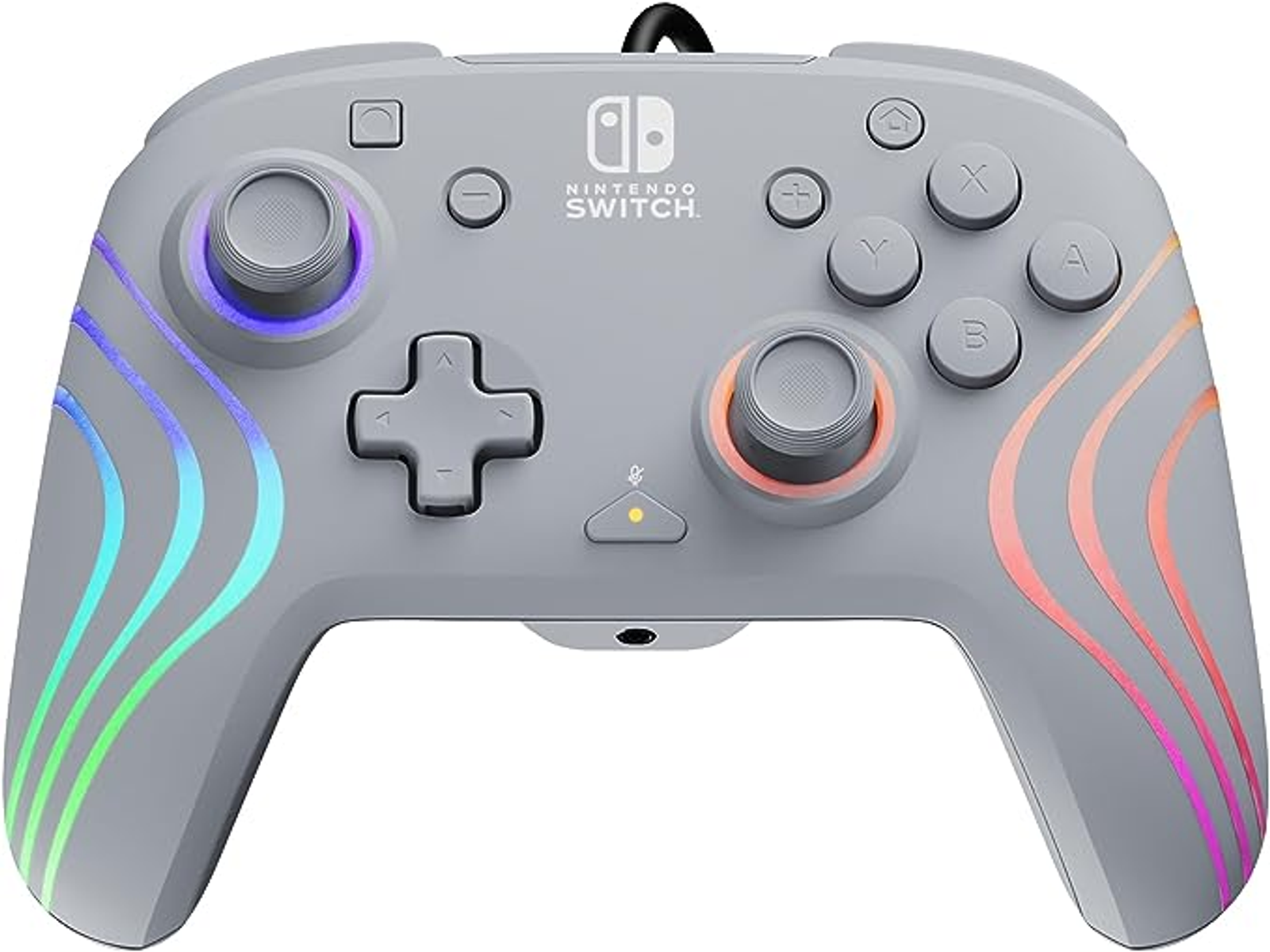 Szary kontroler Nintendo Switch. Widoczne przyciski, joysticki i pad kierunkowy. Tęczowe światła.