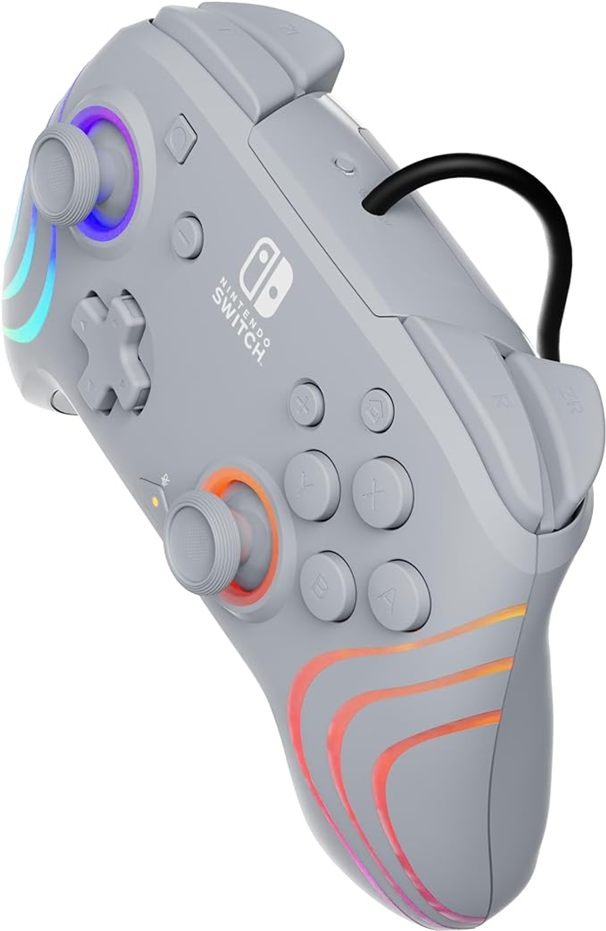 Szary kontroler Nintendo Switch z kolorowymi światłami po bokach. Ma przyciski i gałki analogowe.