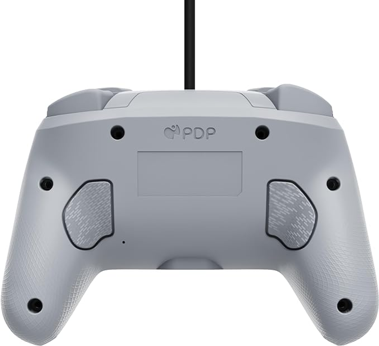 Szary kontroler do gier PDP, widok z tyłu. Posiada czarny kabel i teksturowane uchwyty.