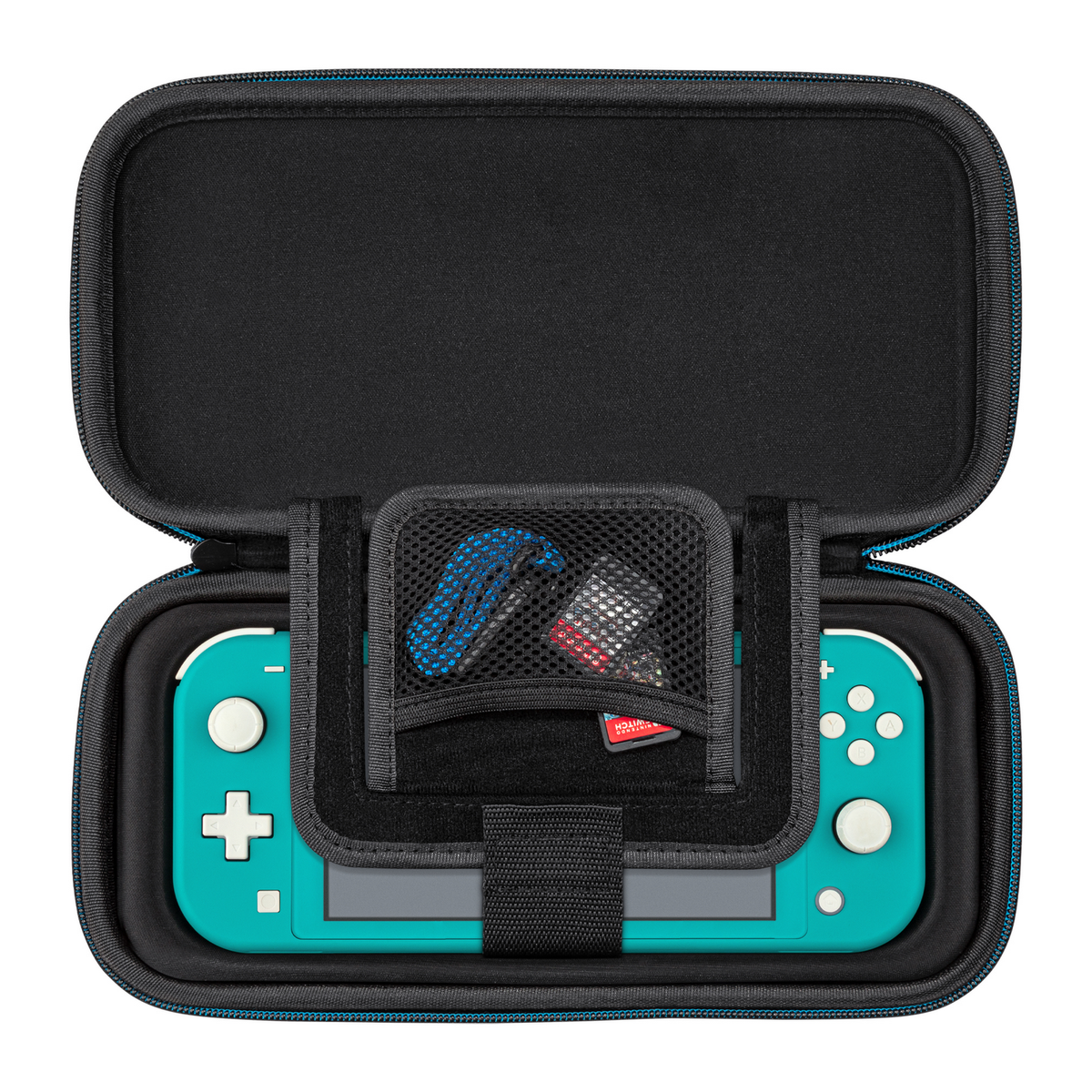 Geöffnete türkisfarbene Nintendo Switch Lite-Hülle mit Zubehör in der Netztasche.