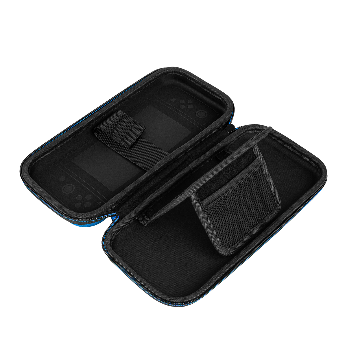 Blau-schwarze Switch-Tragetasche, geöffnet, zeigt Innenraum mit Riemen und Netztasche.