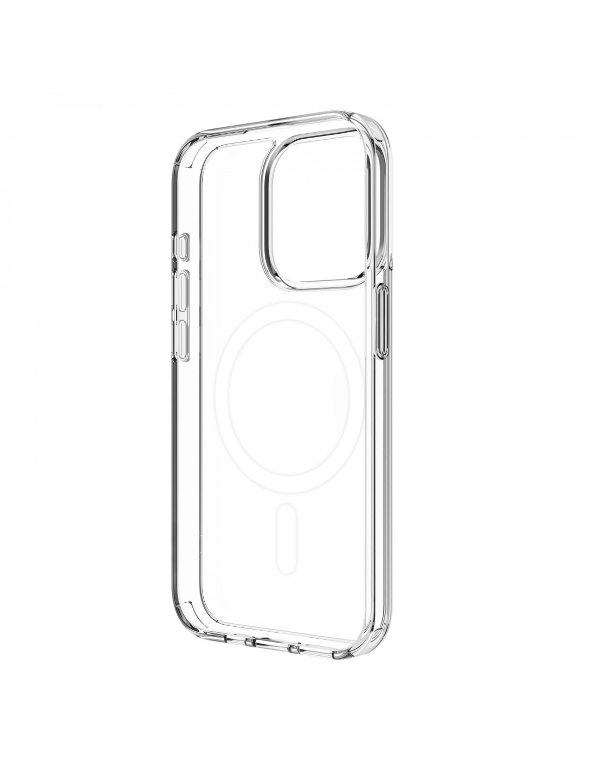 Una funda transparente para iPhone con área de carga magnética circular y diseño delgado.
