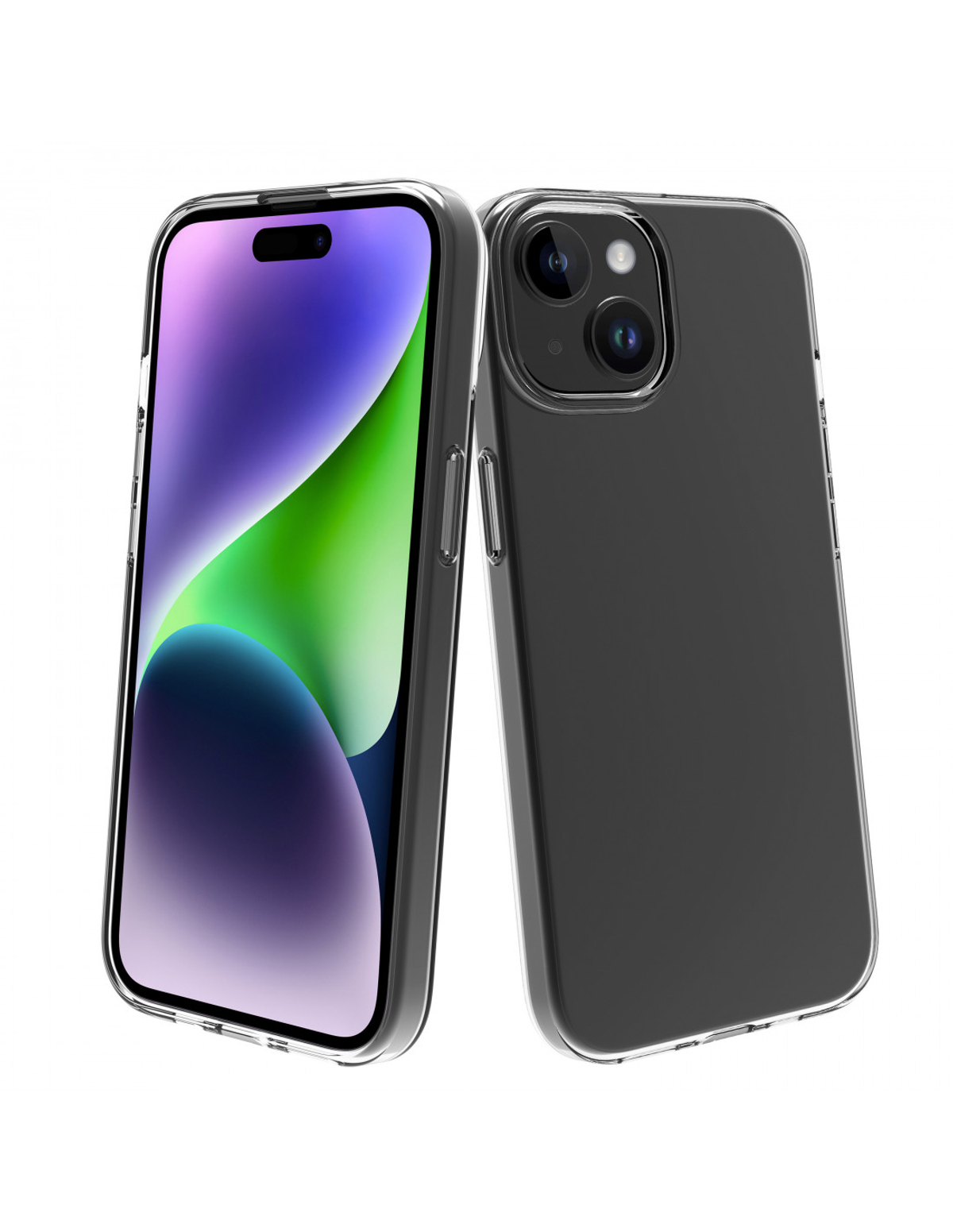 Dos teléfonos en fundas transparentes, uno mostrando la pantalla de inicio. Ambos sobre una superficie blanca.