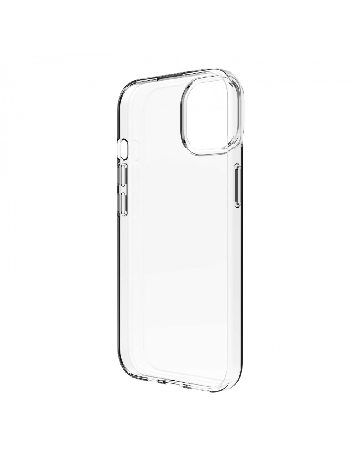 Funda de teléfono transparente, aislada sobre un fondo blanco. Muestra el agujero de la cámara del teléfono.